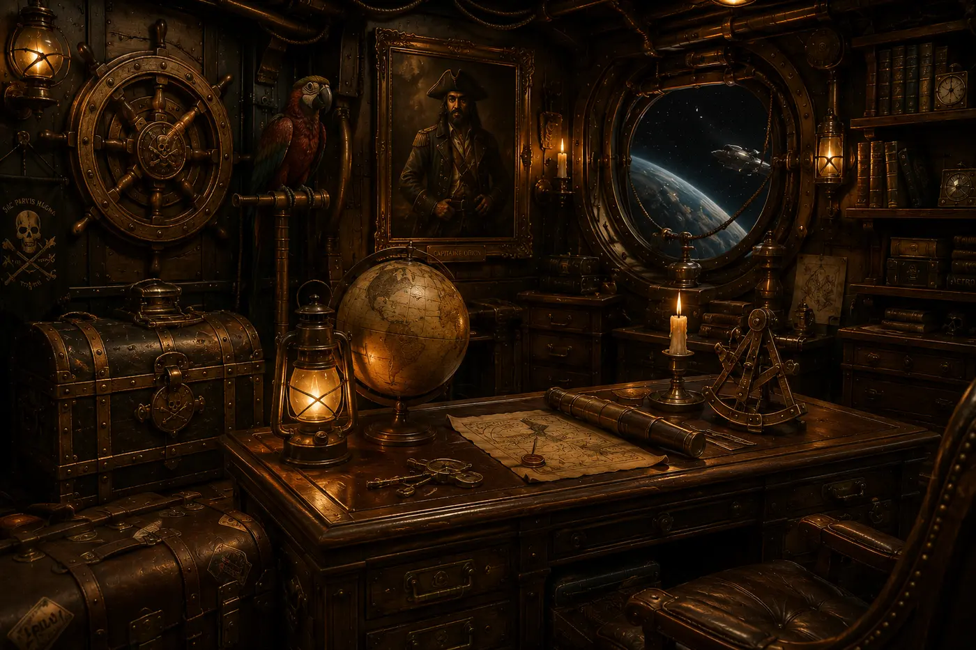 Cabine du capitaine façon pirate-steampunk : gouvernail, perroquet empaillé, portrait encadré, globe, lanterne, sextant et hublot sur l'espace