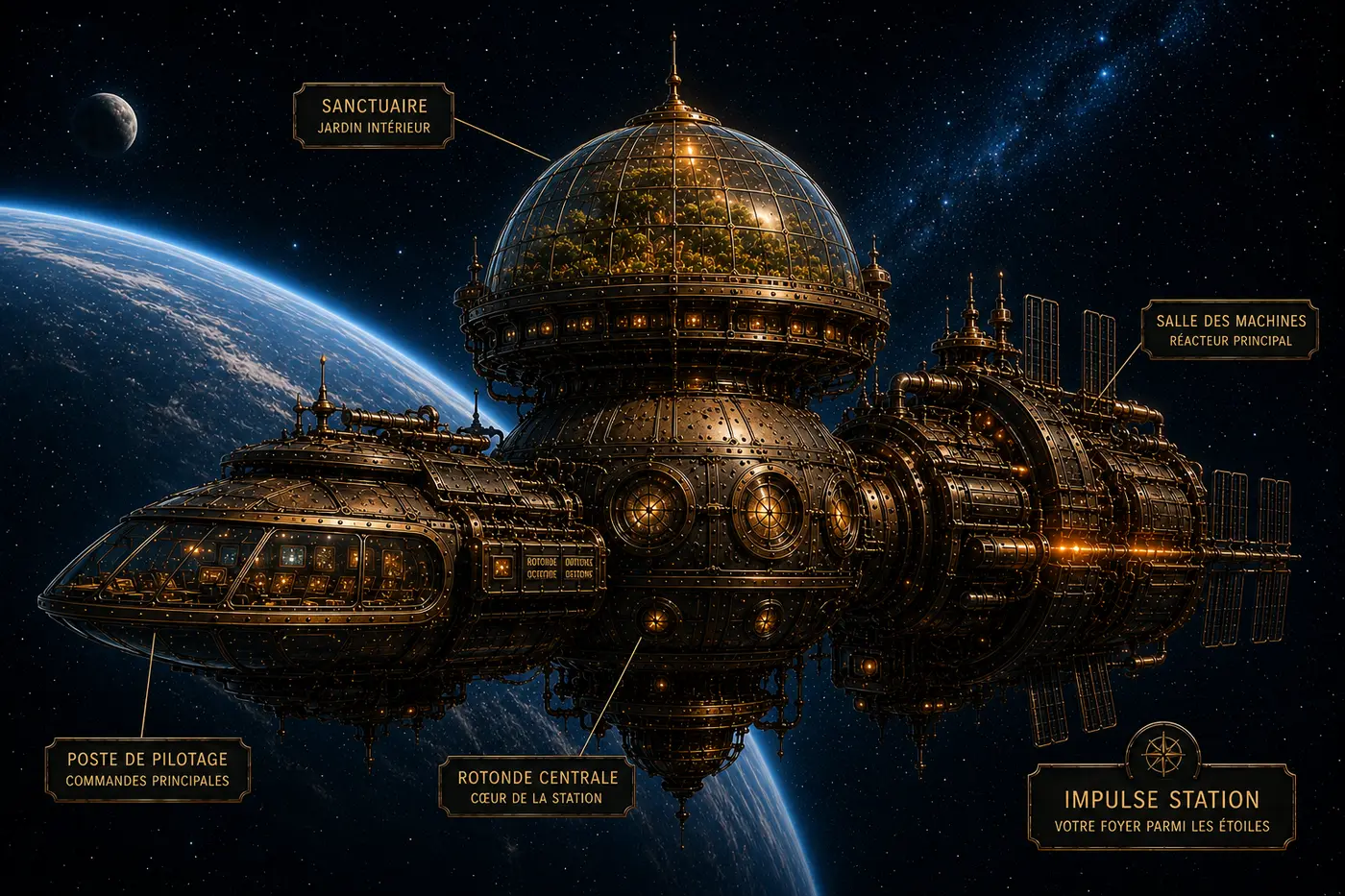 Impulse Station vue de l'extérieur, en orbite au-dessus de la Terre, avec le Sanctuaire, la salle des machines, la rotonde centrale et le poste de pilotage identifiés