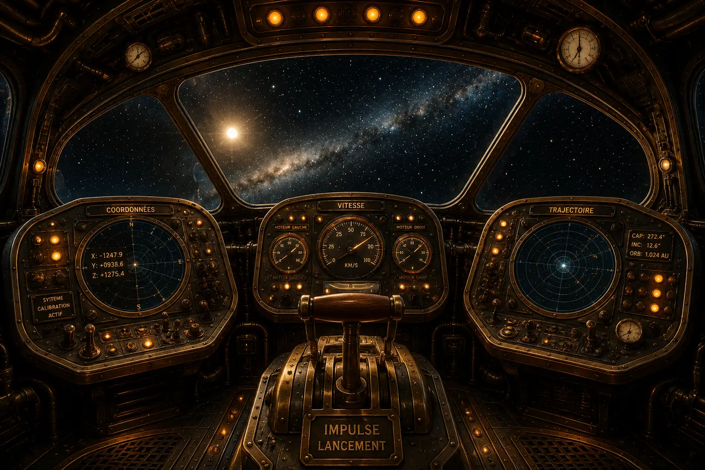 Cockpit rétro-futuriste avec trois consoles — coordonnées, vitesse, trajectoire — et un levier de lancement central face à une baie vitrée étoilée