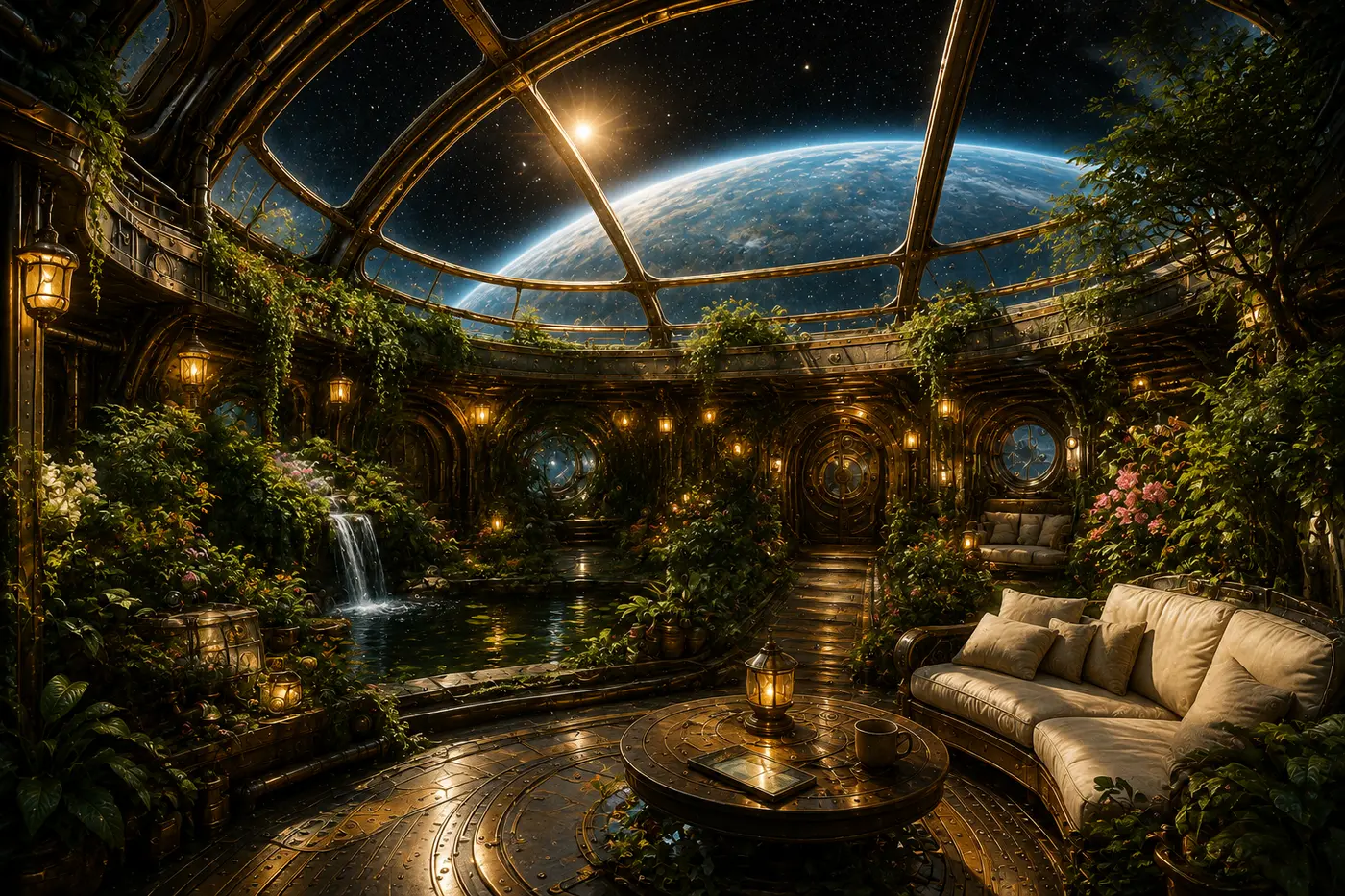 Jardin suspendu sous un dôme de verre, végétation luxuriante, cascade et coin salon, avec une planète bleue visible au-dessus
