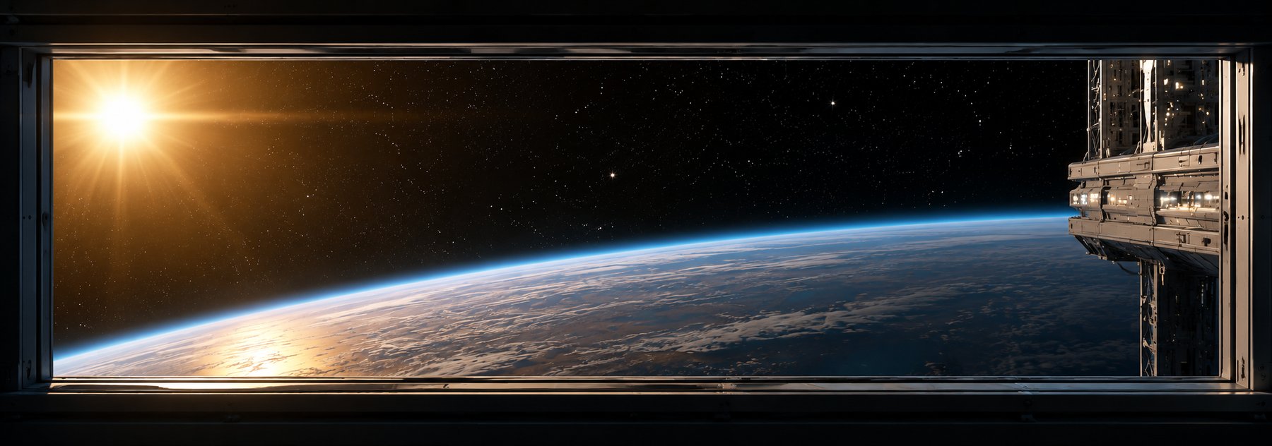 Vue depuis un hublot de la station : la Terre vue de l'espace, le Soleil, un champ d'étoiles et un bord de la coque