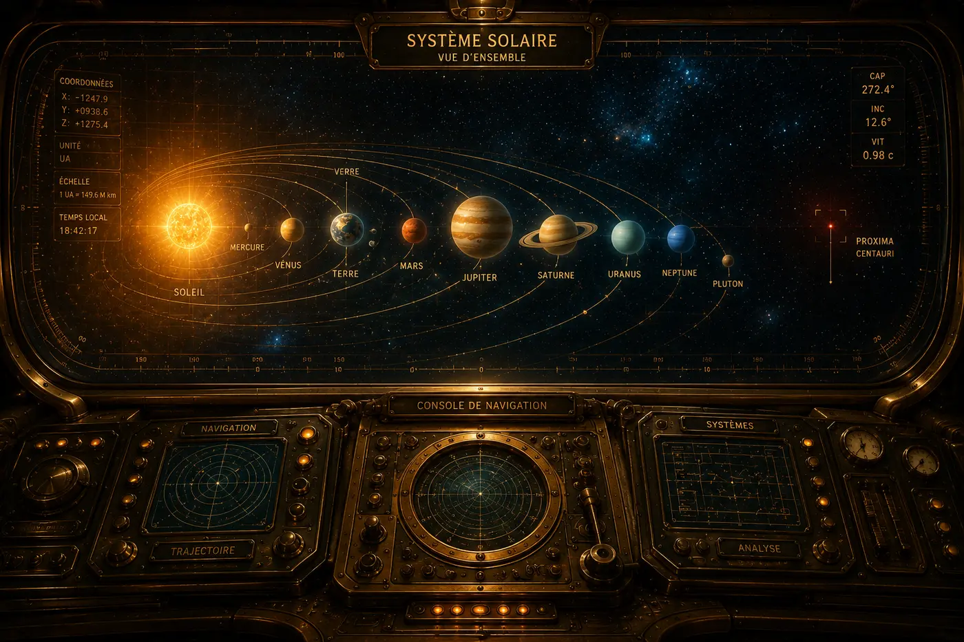 Console de navigation affichant le système solaire et, à l'écart, Proxima du Centaure